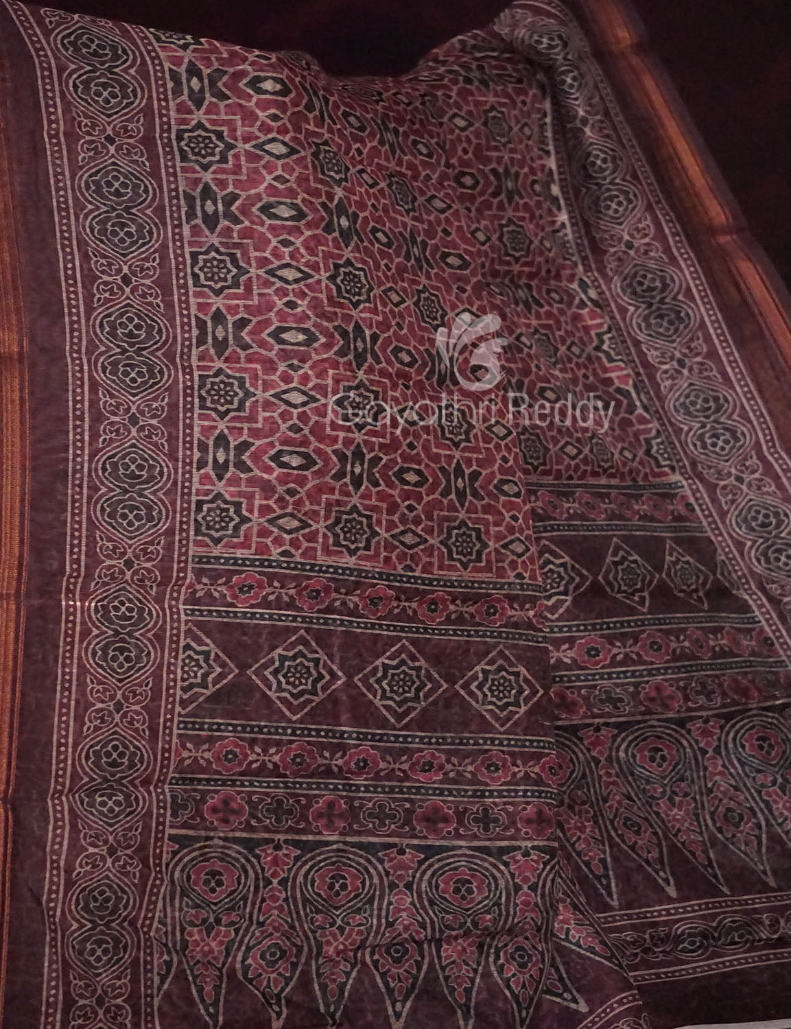Red Onion Colour Ajrakh Design Semi Chanderi Saree By Gayathri Reddy Designer Studio | Swadesiicart