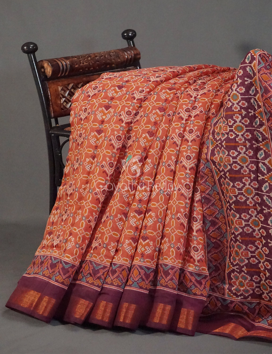 Orange And Mauve Burgundy Colour Patola Print Semi Chanderi Saree By Gayathri Reddy Designer Studio | Swadesiicart