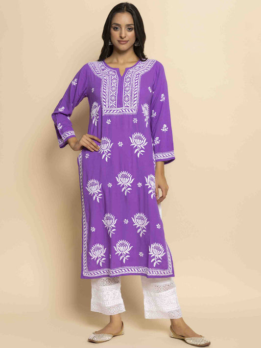 HOUSE OF KARI Ethnic Motifs Chikankari Embroidered Notched Round Neck Straight Kurta | Swadesiicart