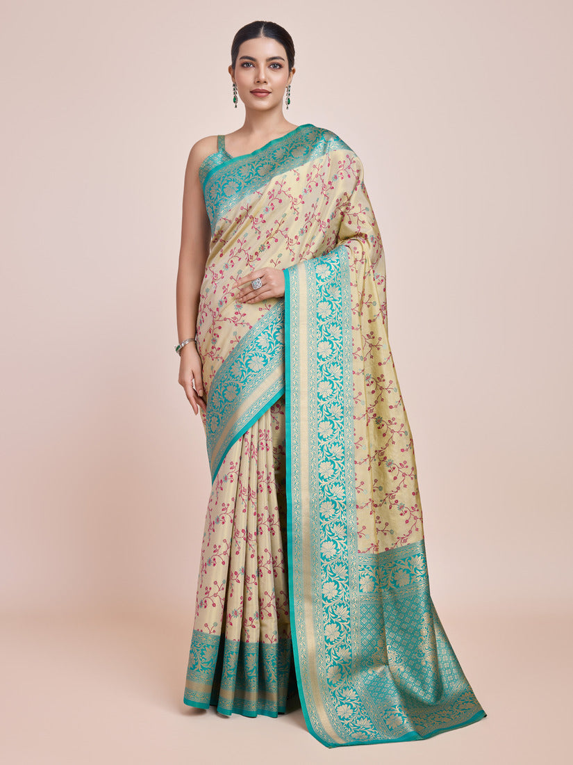 Monjolika Fashion Cream Banarasi Tissue Silk SareeWith Zari Woven Work | Swadesiicart