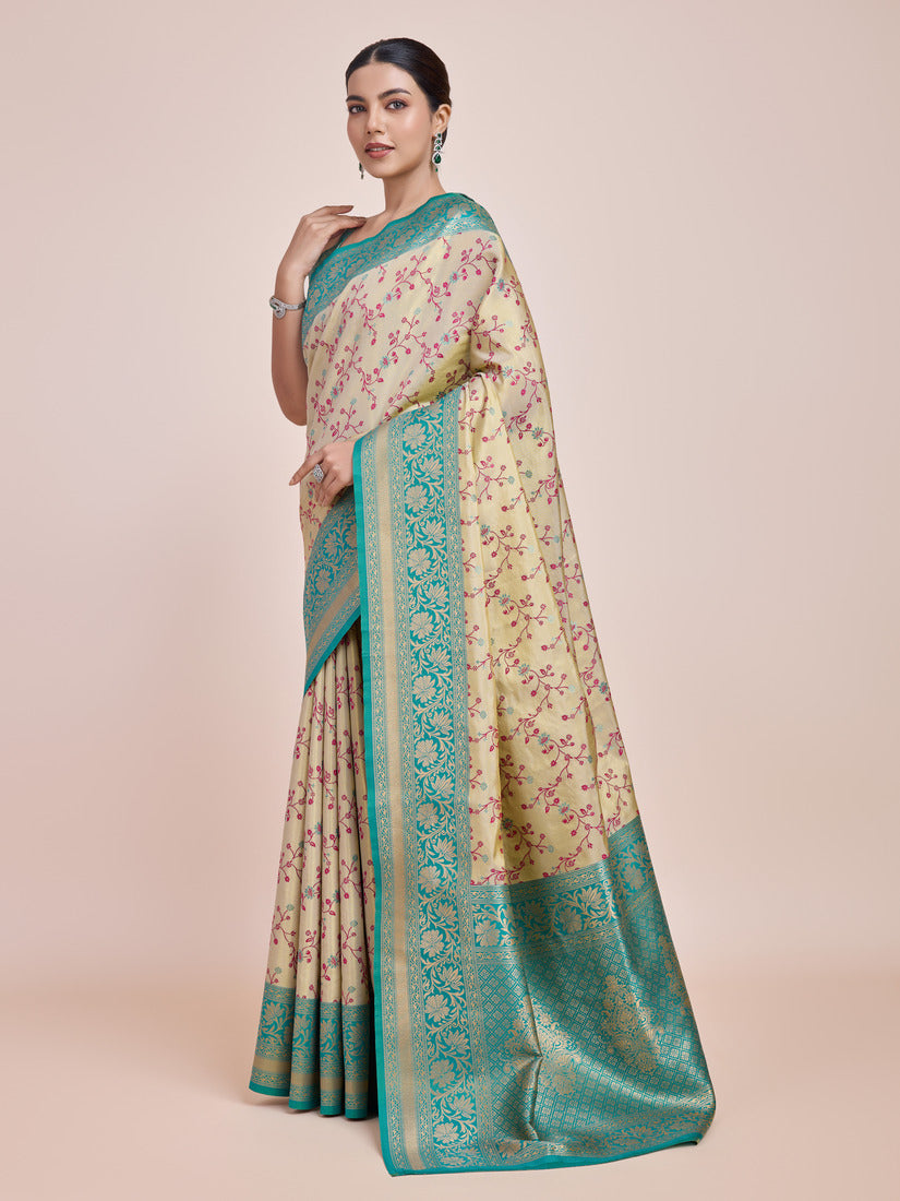 Monjolika Fashion Cream Banarasi Tissue Silk SareeWith Zari Woven Work | Swadesiicart