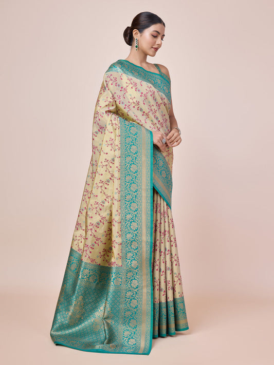 Monjolika Fashion Cream Banarasi Tissue Silk SareeWith Zari Woven Work | Swadesiicart