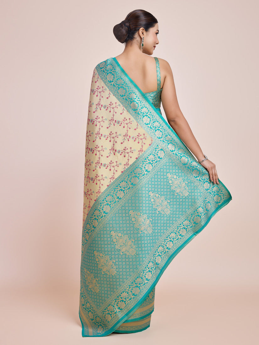 Monjolika Fashion Cream Banarasi Tissue Silk SareeWith Zari Woven Work | Swadesiicart