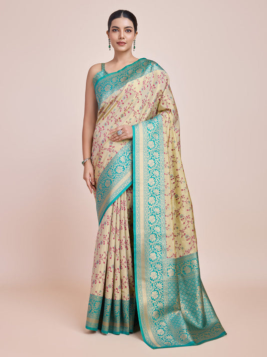 Monjolika Fashion Cream Banarasi Tissue Silk SareeWith Zari Woven Work | Swadesiicart