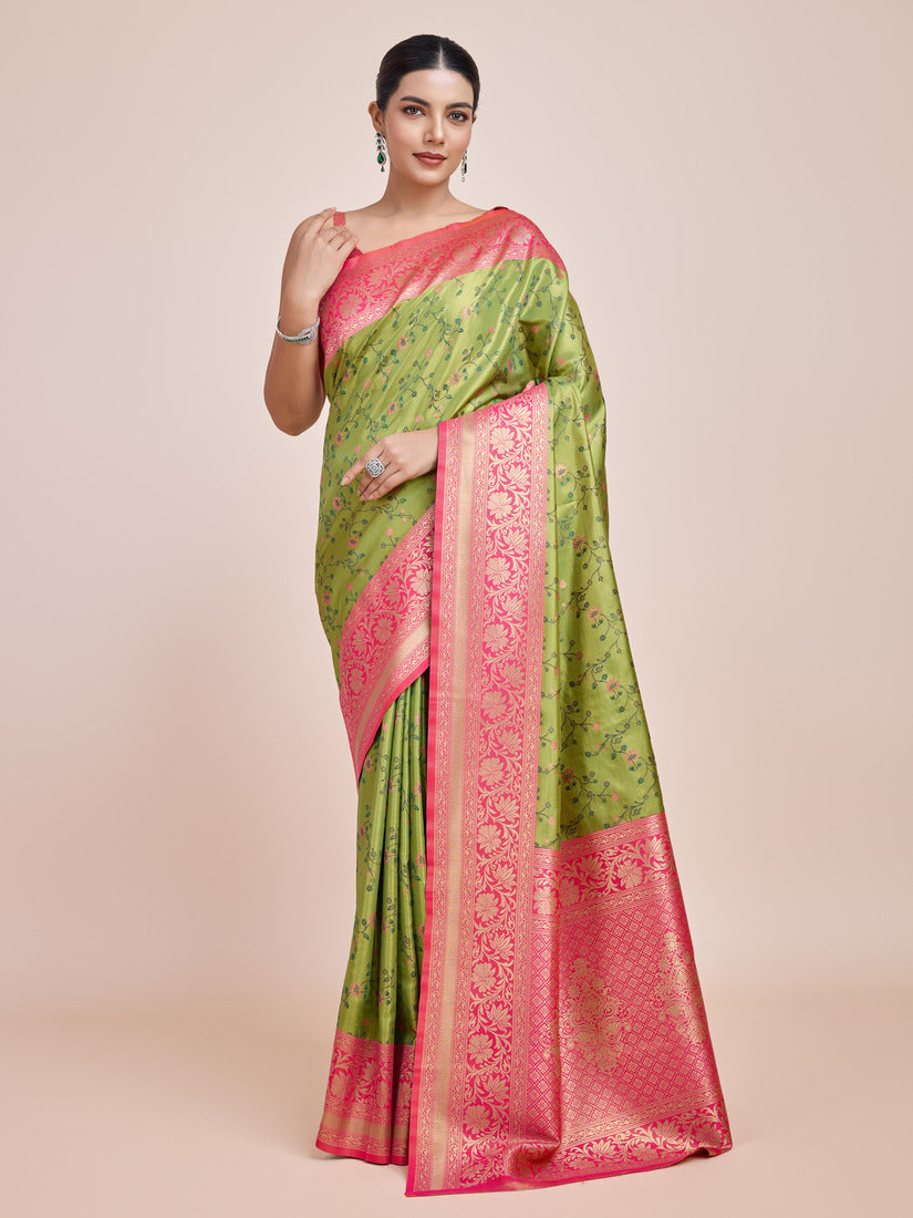 Monjolika Fashion Parrot Green Banarasi Tissue Silk SareeWith Zari Woven Work | Swadesiicart