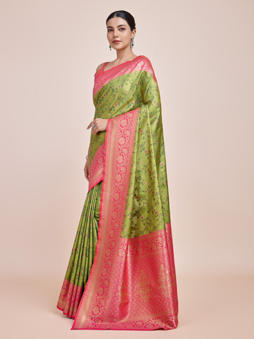 Monjolika Fashion Parrot Green Banarasi Tissue Silk SareeWith Zari Woven Work | Swadesiicart