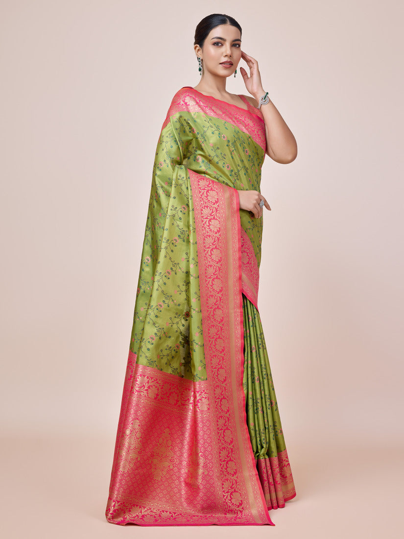 Monjolika Fashion Parrot Green Banarasi Tissue Silk SareeWith Zari Woven Work | Swadesiicart