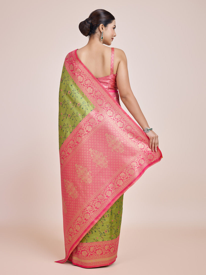 Monjolika Fashion Parrot Green Banarasi Tissue Silk SareeWith Zari Woven Work | Swadesiicart