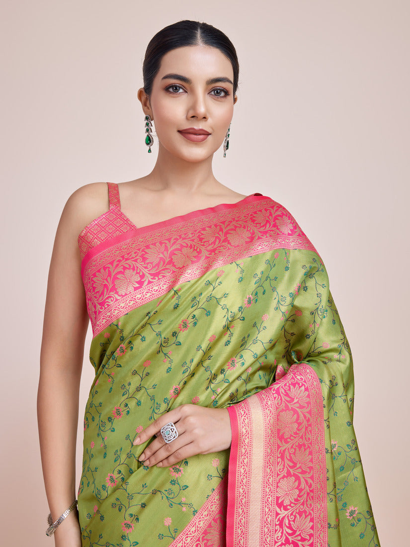 Monjolika Fashion Parrot Green Banarasi Tissue Silk SareeWith Zari Woven Work | Swadesiicart