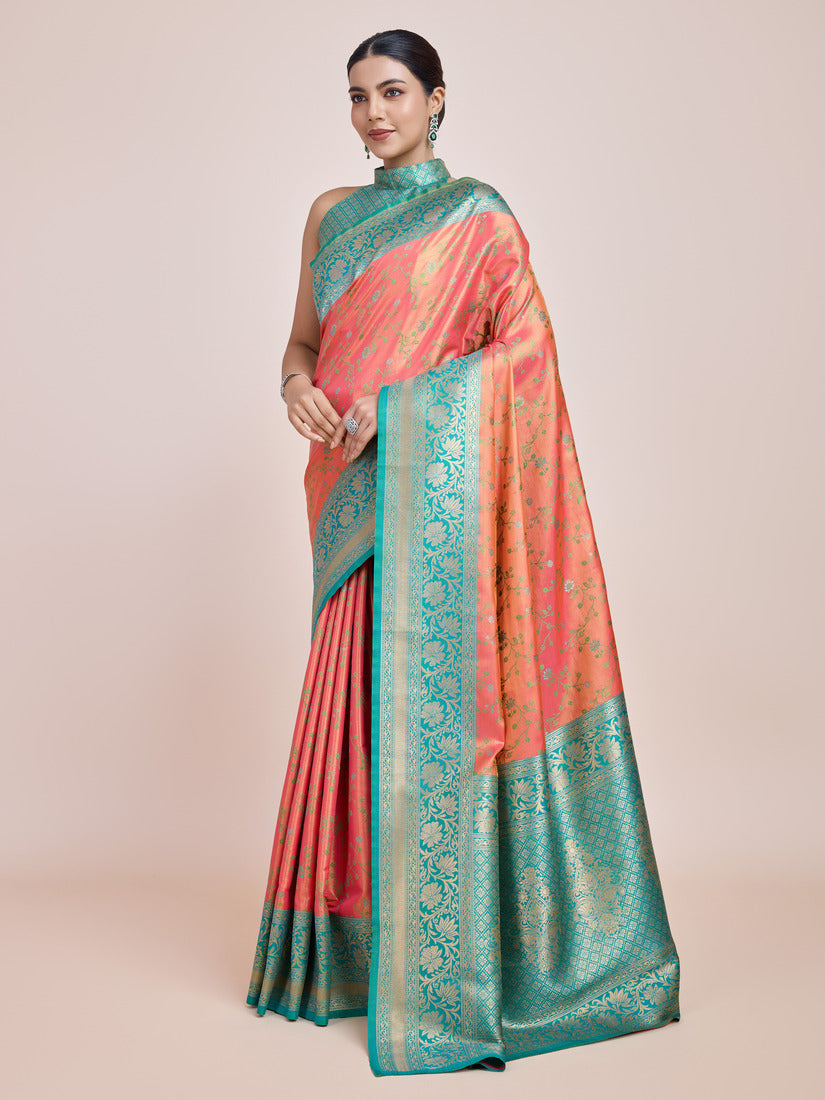Monjolika Fashion Peach Banarasi Tissue Silk SareeWith Zari Woven Work | Swadesiicart