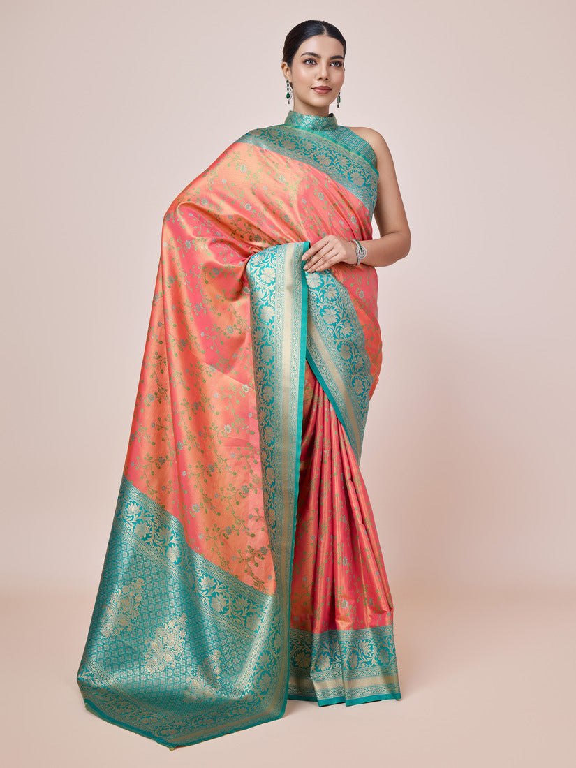 Monjolika Fashion Peach Banarasi Tissue Silk SareeWith Zari Woven Work | Swadesiicart