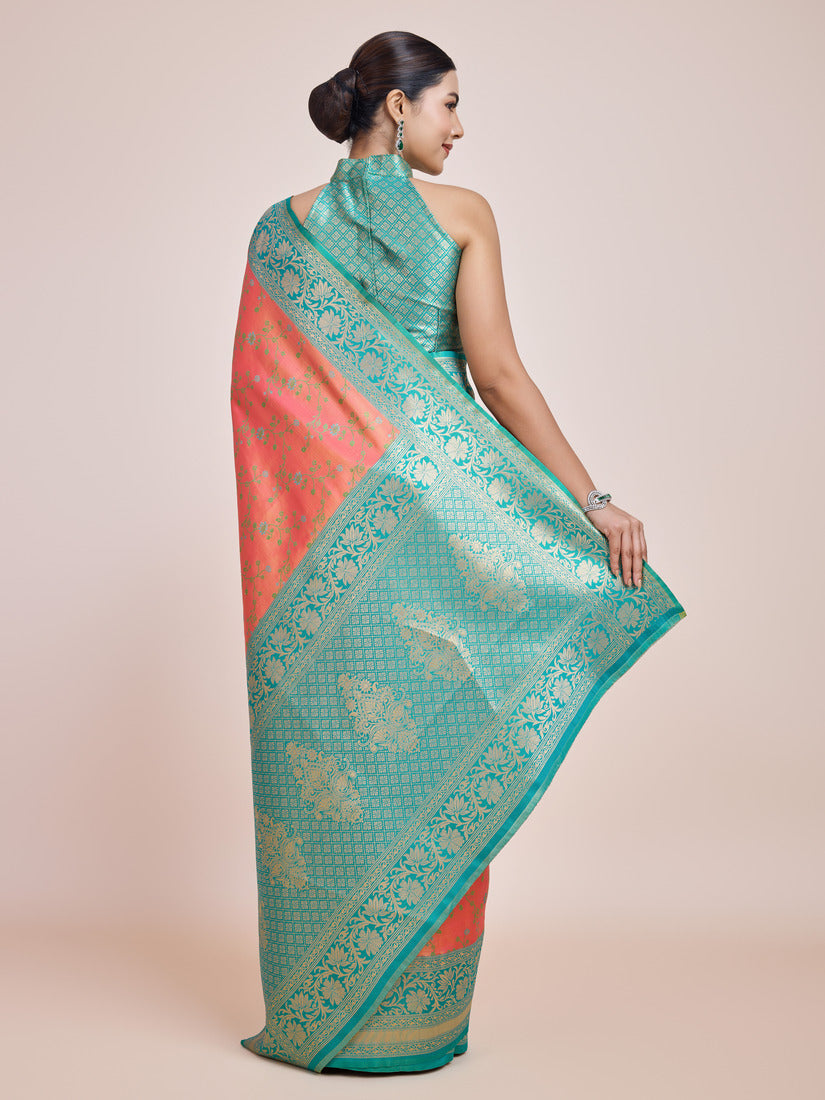 Monjolika Fashion Peach Banarasi Tissue Silk SareeWith Zari Woven Work | Swadesiicart