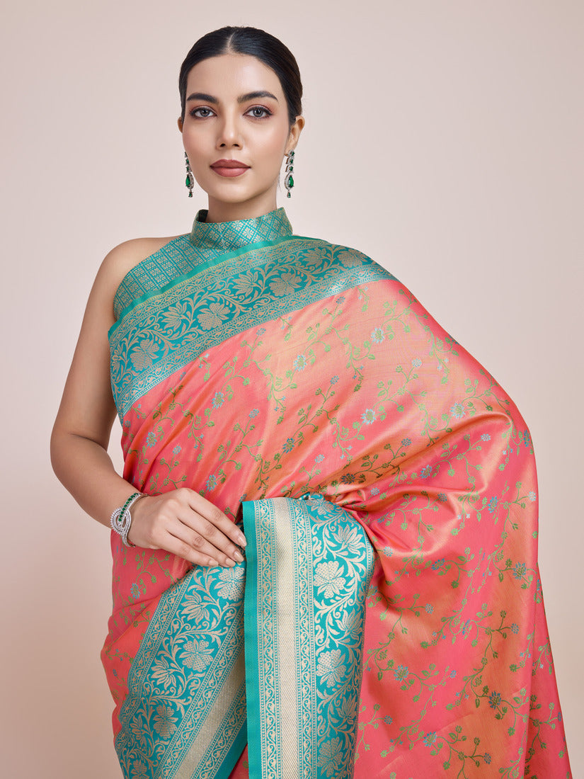 Monjolika Fashion Peach Banarasi Tissue Silk SareeWith Zari Woven Work | Swadesiicart