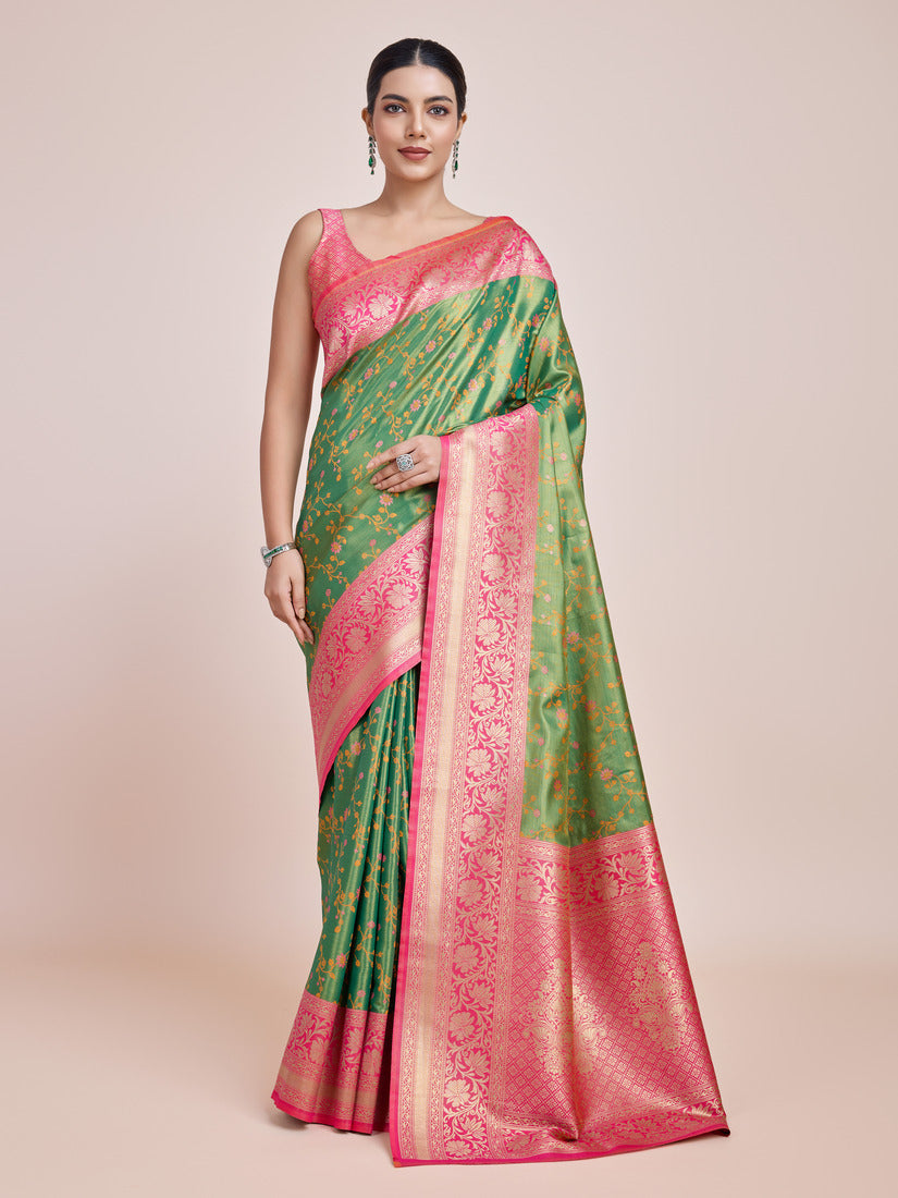 Monjolika Fashion Green Banarasi Tissue Silk SareeWith Zari Woven Work | Swadesiicart