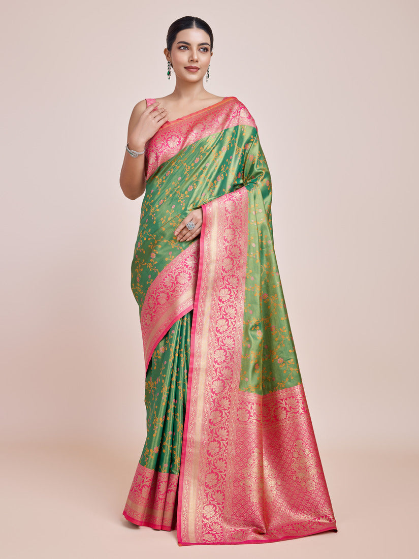 Monjolika Fashion Green Banarasi Tissue Silk SareeWith Zari Woven Work | Swadesiicart