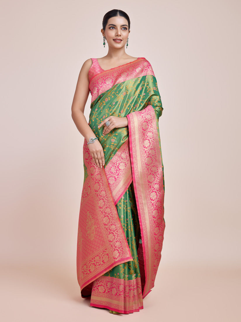 Monjolika Fashion Green Banarasi Tissue Silk SareeWith Zari Woven Work | Swadesiicart