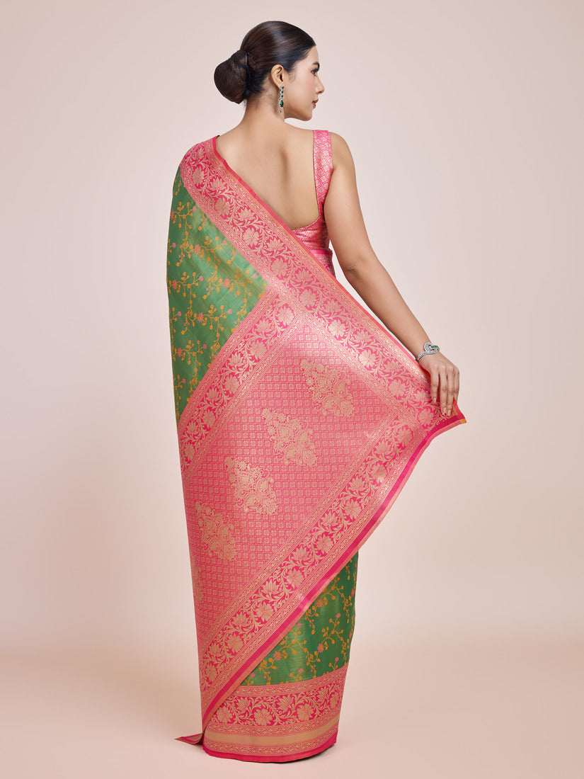 Monjolika Fashion Green Banarasi Tissue Silk SareeWith Zari Woven Work | Swadesiicart