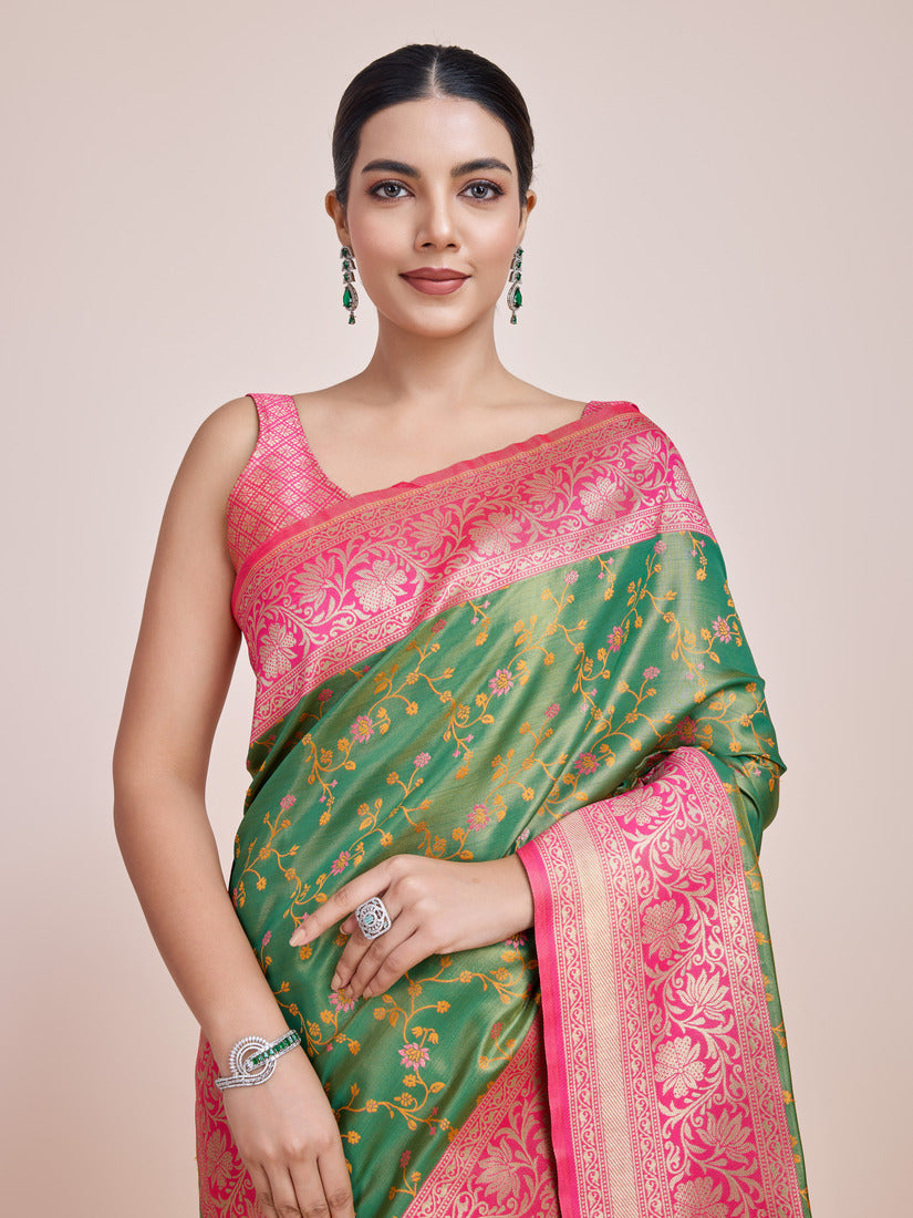 Monjolika Fashion Green Banarasi Tissue Silk SareeWith Zari Woven Work | Swadesiicart