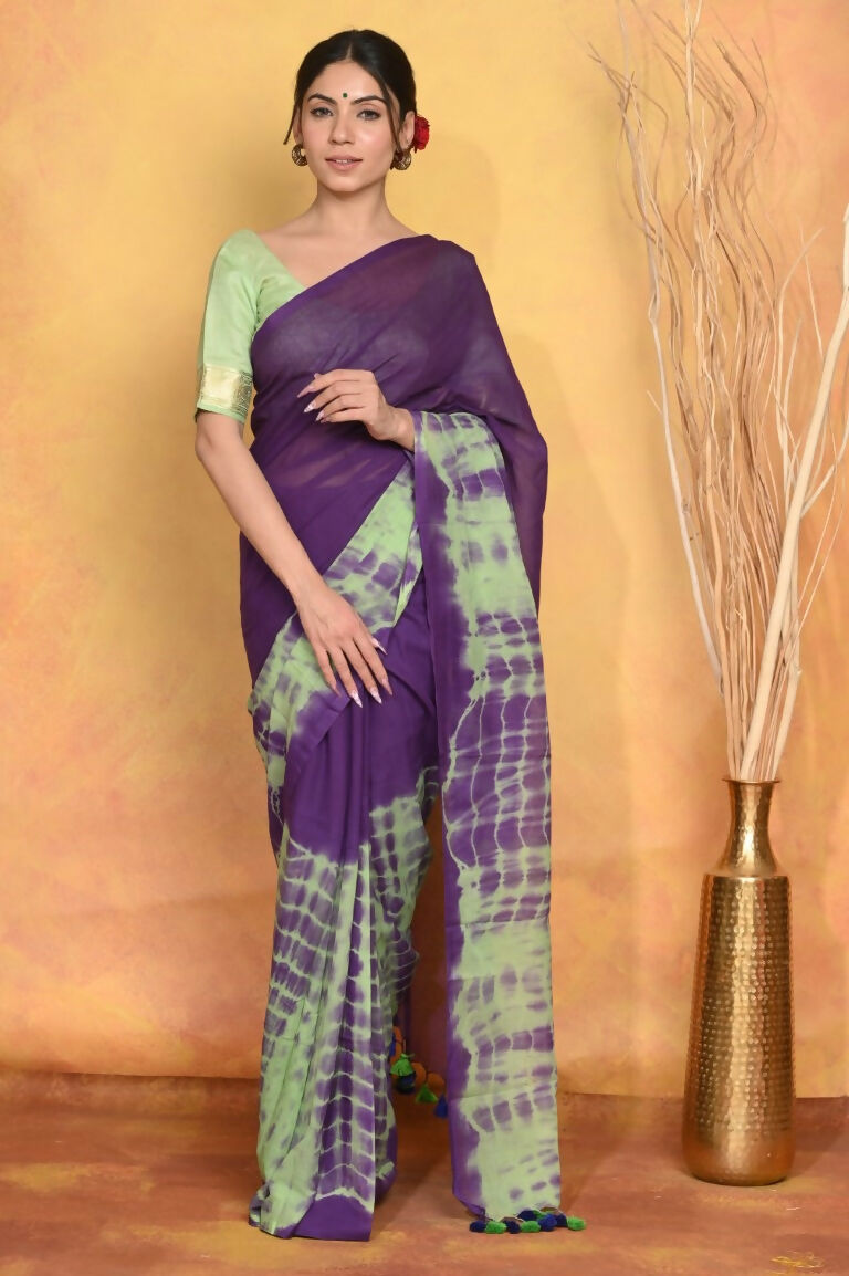 Very Much Indian Tie & Dye Handloom Mul Cotton Saree - Blue Green | Swadesiicart