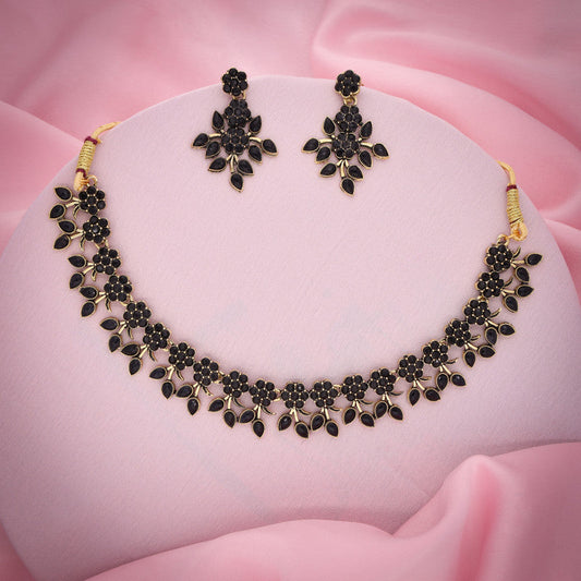 Tehzeeb Creations Special Exquisite White & Black Studded Gold-Polished Choker Necklace Set & Pair of Earring Set - Swadesiicart