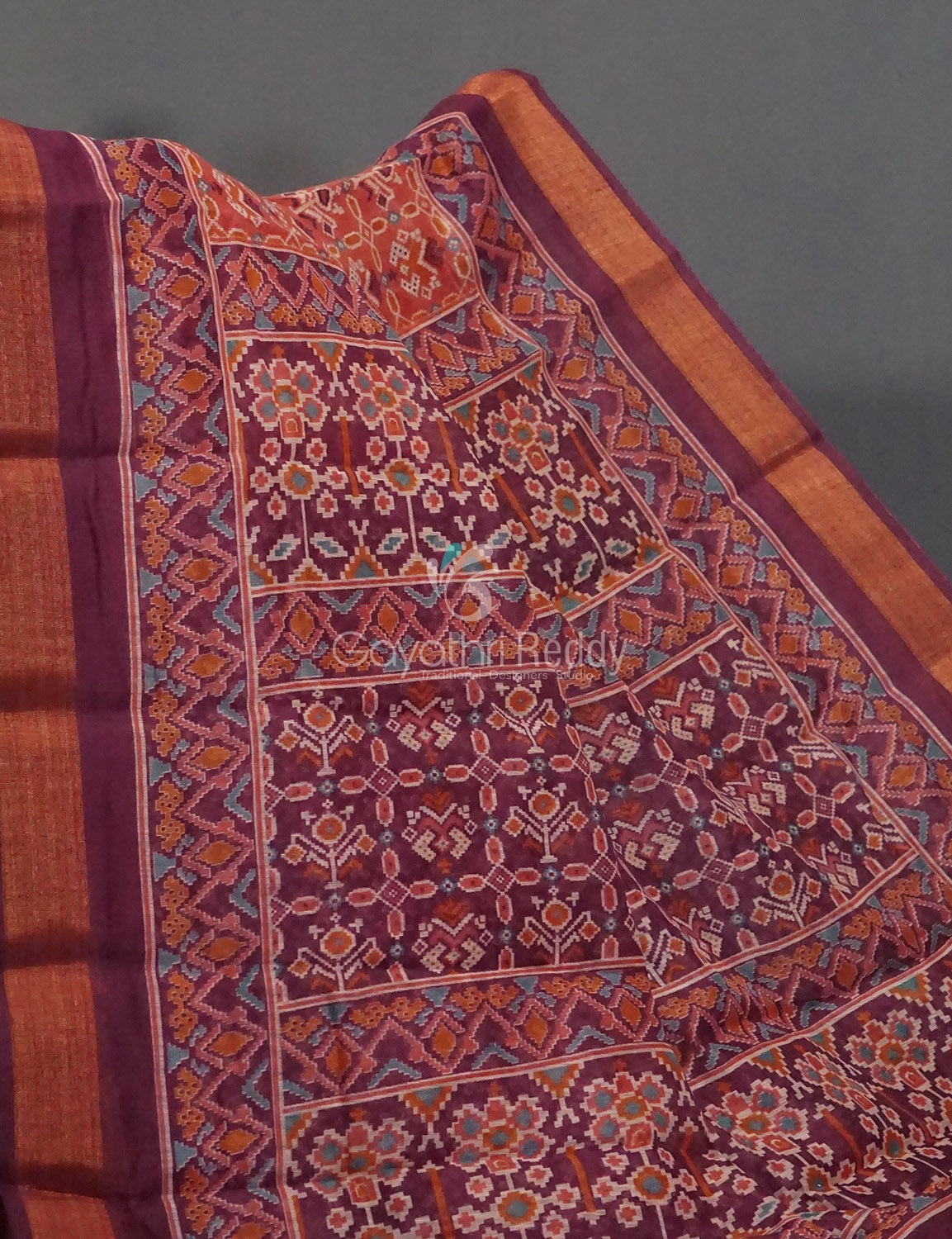 Orange And Mauve Burgundy Colour Patola Print Semi Chanderi Saree By Gayathri Reddy Designer Studio | Swadesiicart