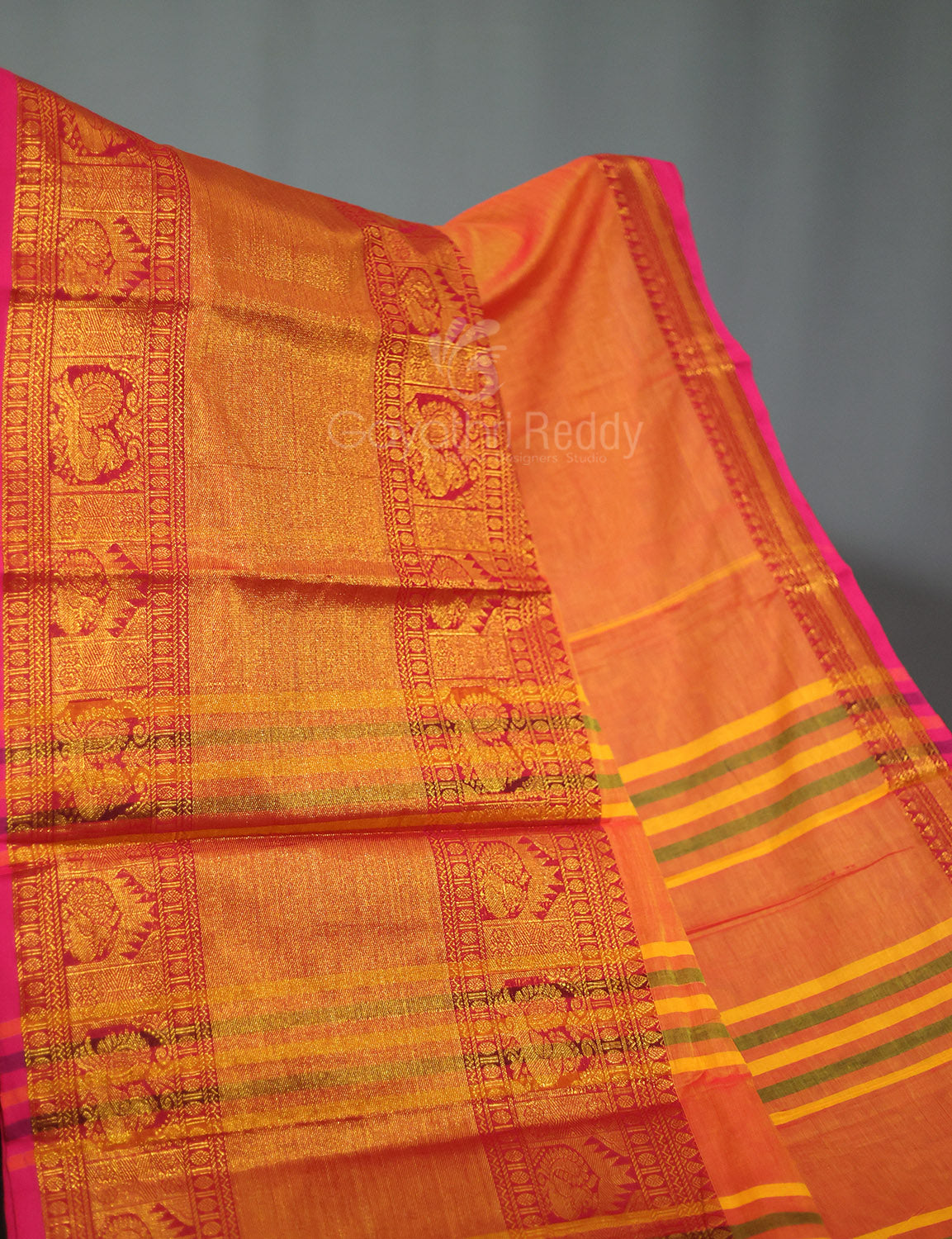 Kalanetha Orange With Zari Kanchi Style Pure Narayanpet Cotton Saree By Gayathri Reddy Designer Studio | Swadesiicart