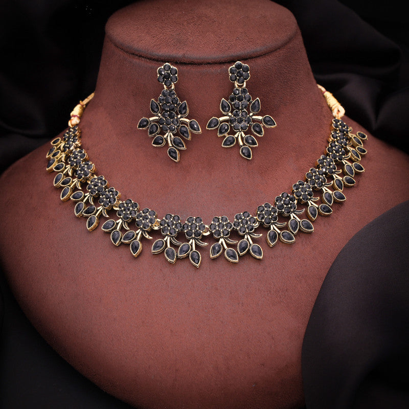 Tehzeeb Creations Special Exquisite White & Black Studded Gold-Polished Choker Necklace Set & Pair of Earring Set - Swadesiicart