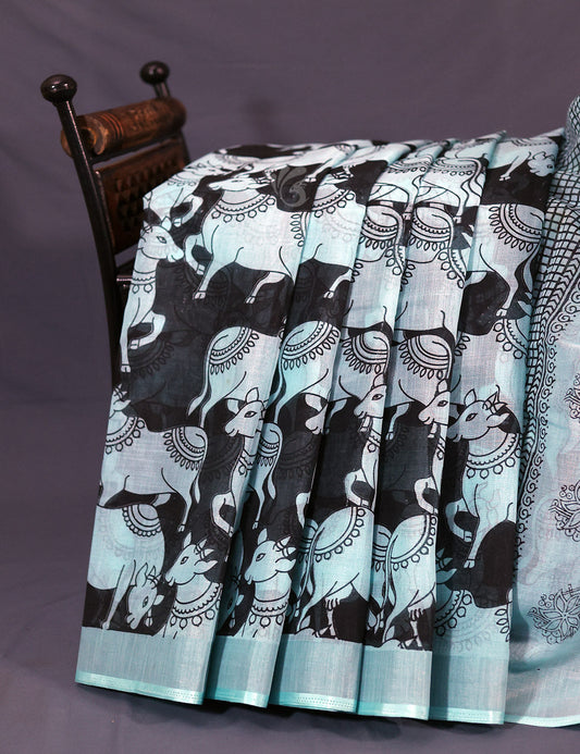 Gleaming Sea Blue And Black Pichwai Print Cotton Linen Saree By Gayathri Reddy Designer Studio | Swadesiicart