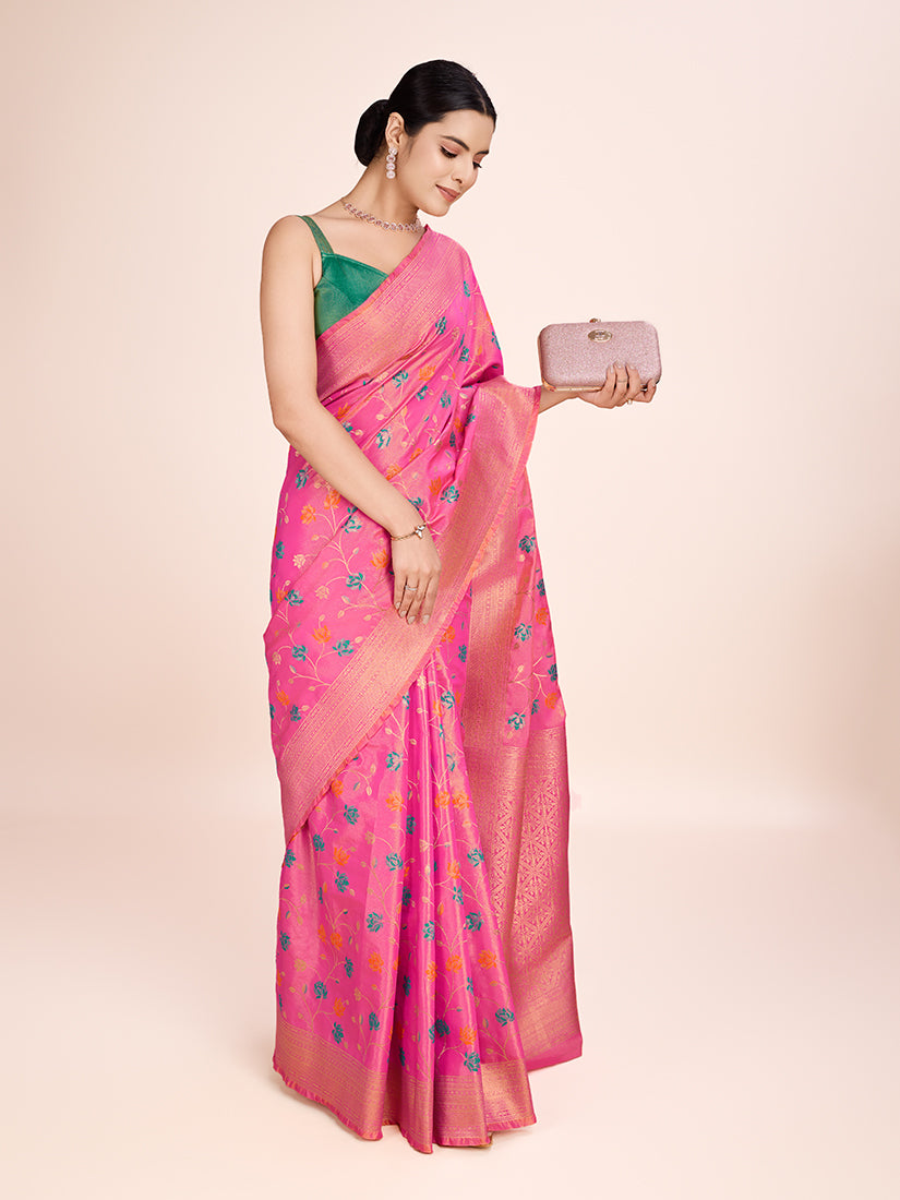 Monjolika Fashion Exquisite Designs With This Regal Light Pink Rich Look Banarasi Tissue Silk Saree | Swadesiicart