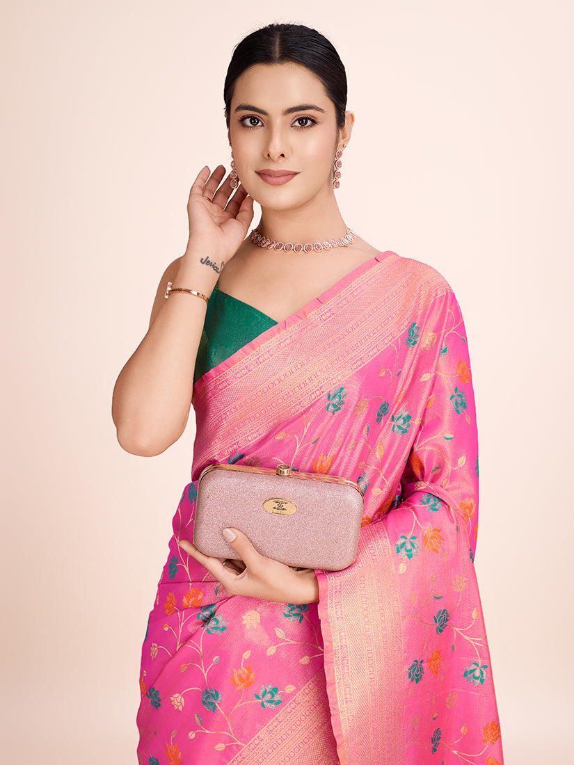 Monjolika Fashion Exquisite Designs With This Regal Light Pink Rich Look Banarasi Tissue Silk Saree | Swadesiicart