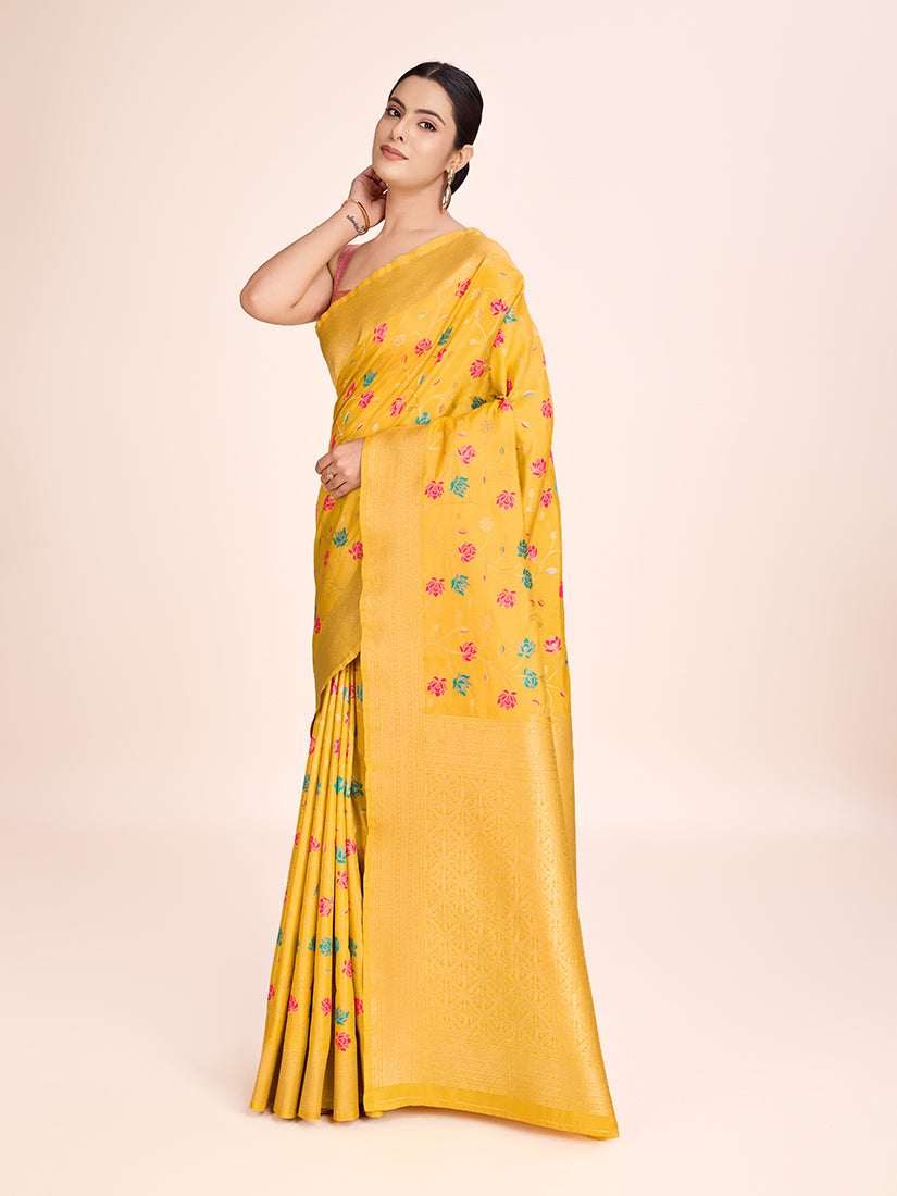 Monjolika Fashion Exquisite Designs With This Regal Yellow Rich Look Banarasi Tissue Silk Saree | Swadesiicart