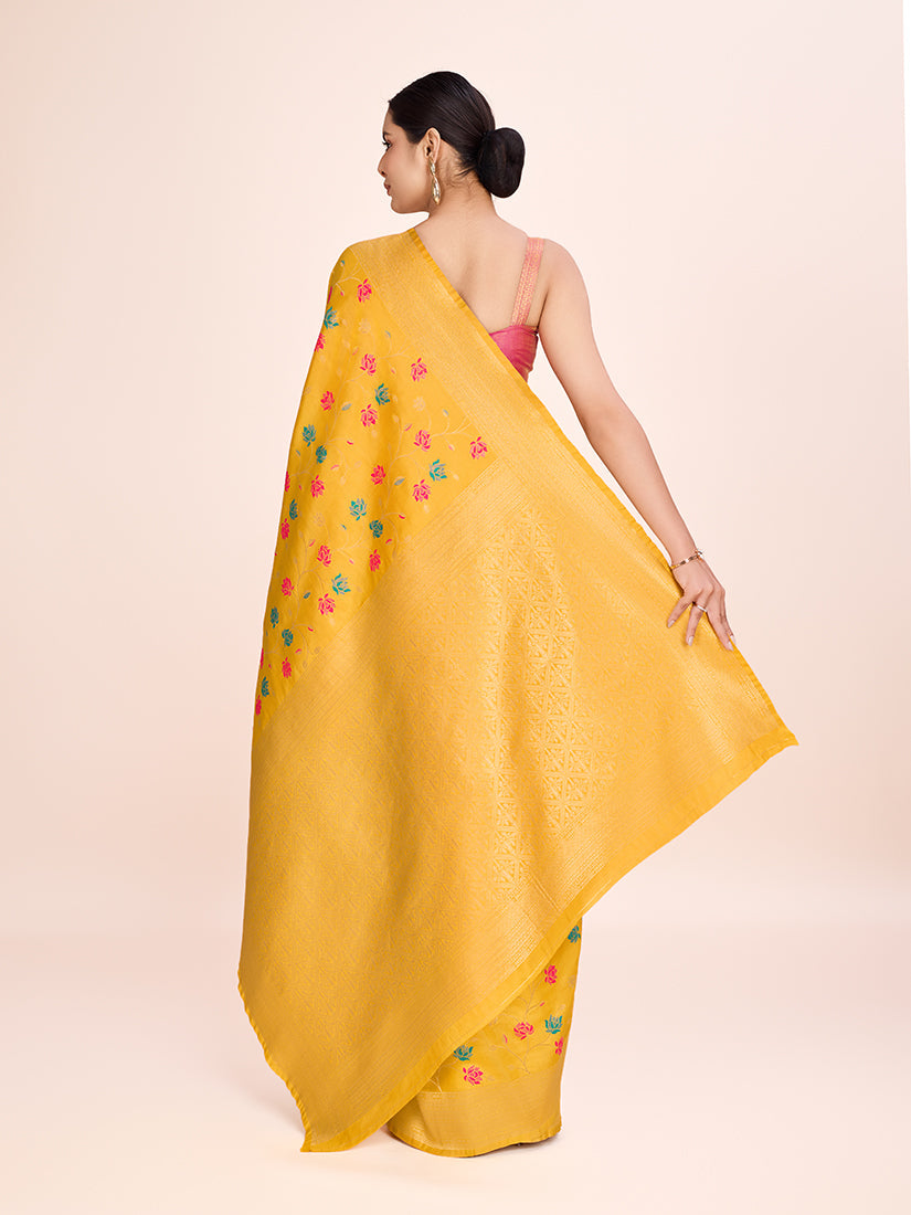 Monjolika Fashion Exquisite Designs With This Regal Yellow Rich Look Banarasi Tissue Silk Saree | Swadesiicart