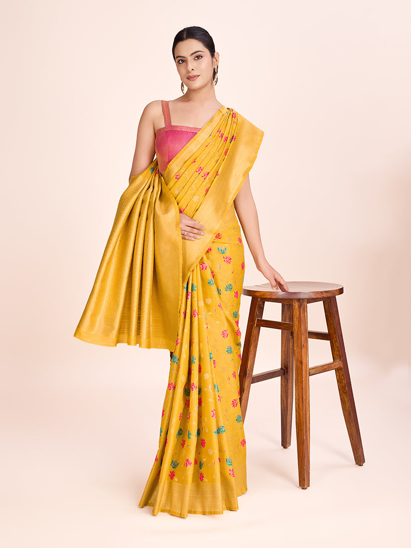 Monjolika Fashion Exquisite Designs With This Regal Yellow Rich Look Banarasi Tissue Silk Saree | Swadesiicart