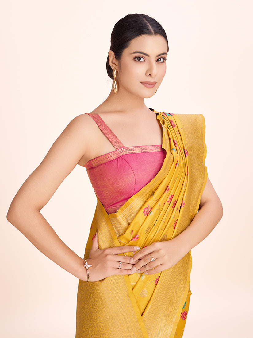Monjolika Fashion Exquisite Designs With This Regal Yellow Rich Look Banarasi Tissue Silk Saree | Swadesiicart