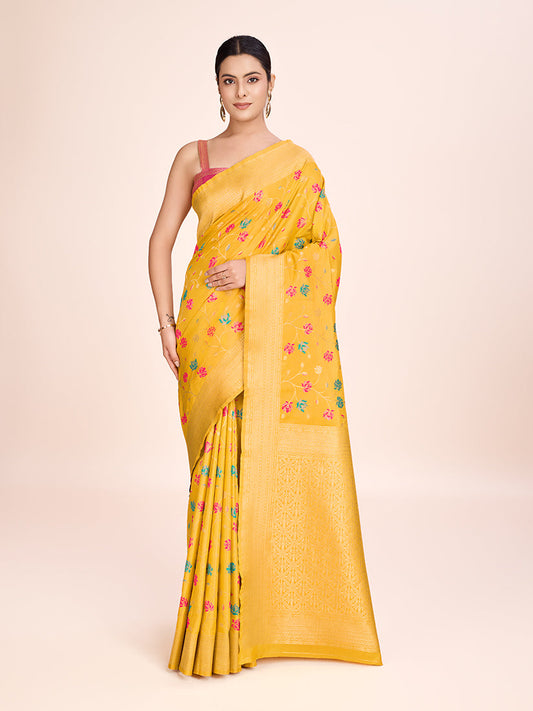 Monjolika Fashion Exquisite Designs With This Regal Yellow Rich Look Banarasi Tissue Silk Saree | Swadesiicart