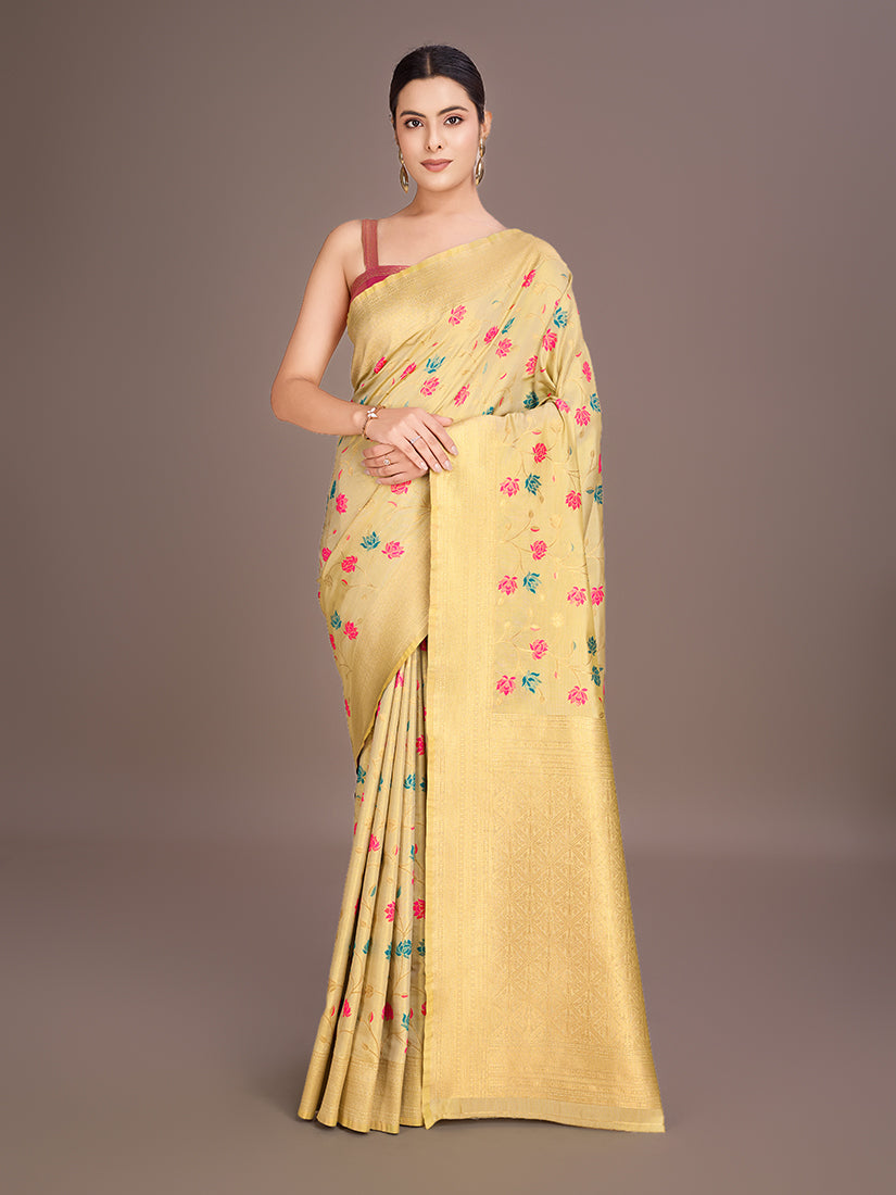 Monjolika Fashion Exquisite Designs With This Regal Cream Rich Look Banarasi Tissue Silk Saree | Swadesiicart