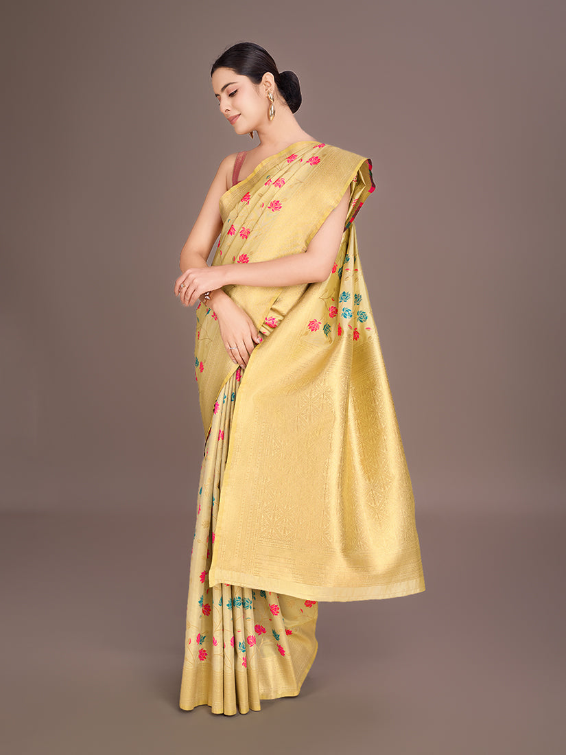 Monjolika Fashion Exquisite Designs With This Regal Cream Rich Look Banarasi Tissue Silk Saree | Swadesiicart