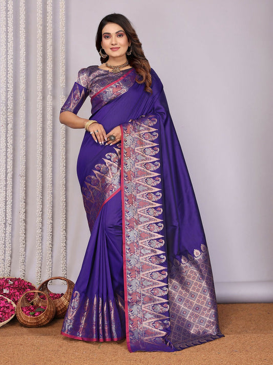 Joban Fashion Banarasi Royal Blue Jacquard Woven Soft Silk Saree | Swadesiicart