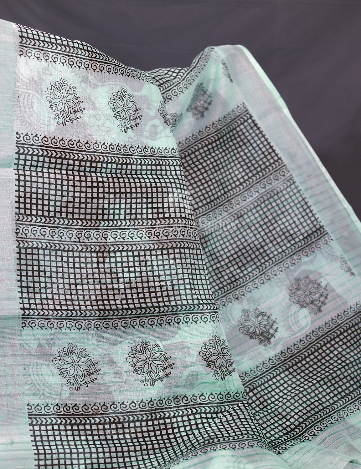 Gleaming Sea Blue And Black Pichwai Print Cotton Linen Saree By Gayathri Reddy Designer Studio | Swadesiicart