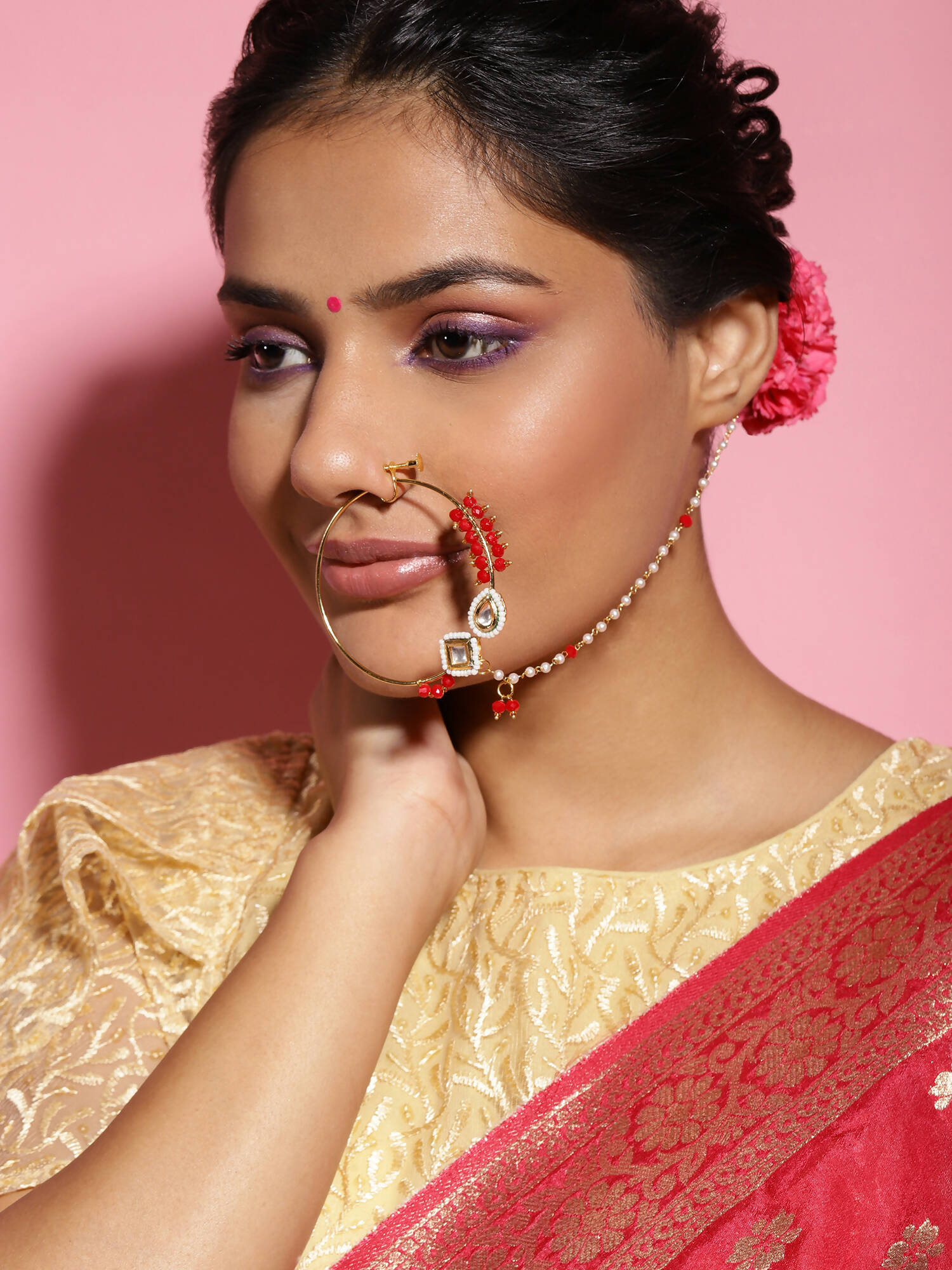 Gold-Polished White Red Stone-Studded Pearl Beaded Nosepin - Ruby Raang | Swadesiicart