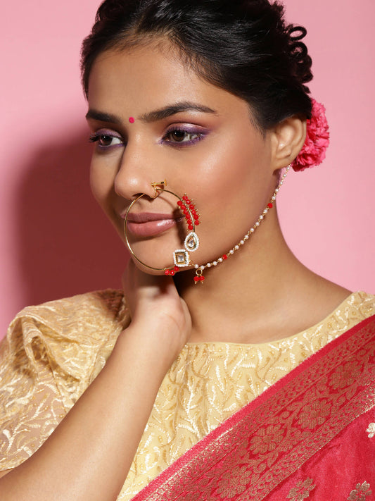 Gold-Polished White Red Stone-Studded Pearl Beaded Nosepin - Ruby Raang | Swadesiicart