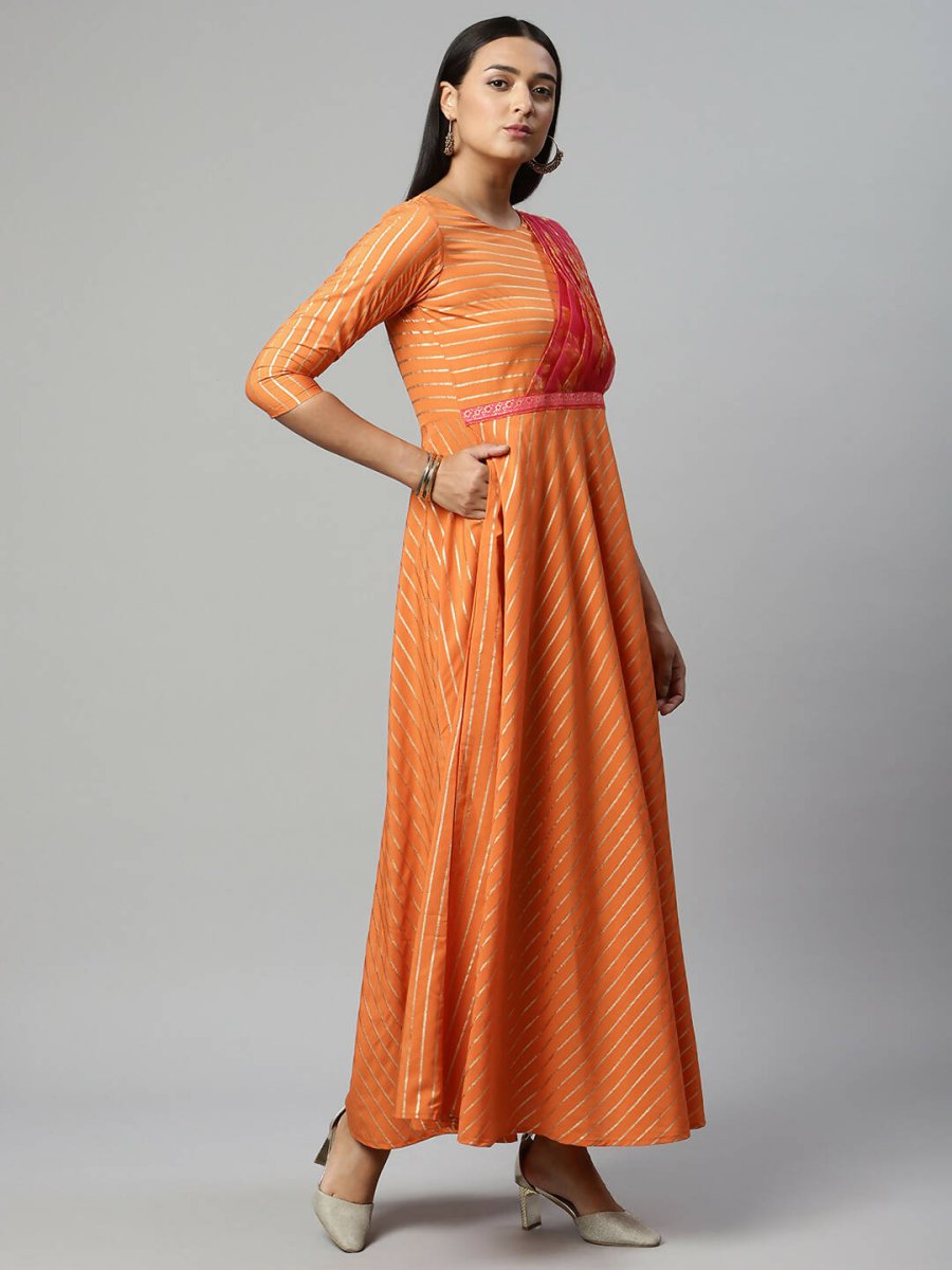 Ahalyaa Women's Orange Crepe Gold Print Dress | Swadesiicart