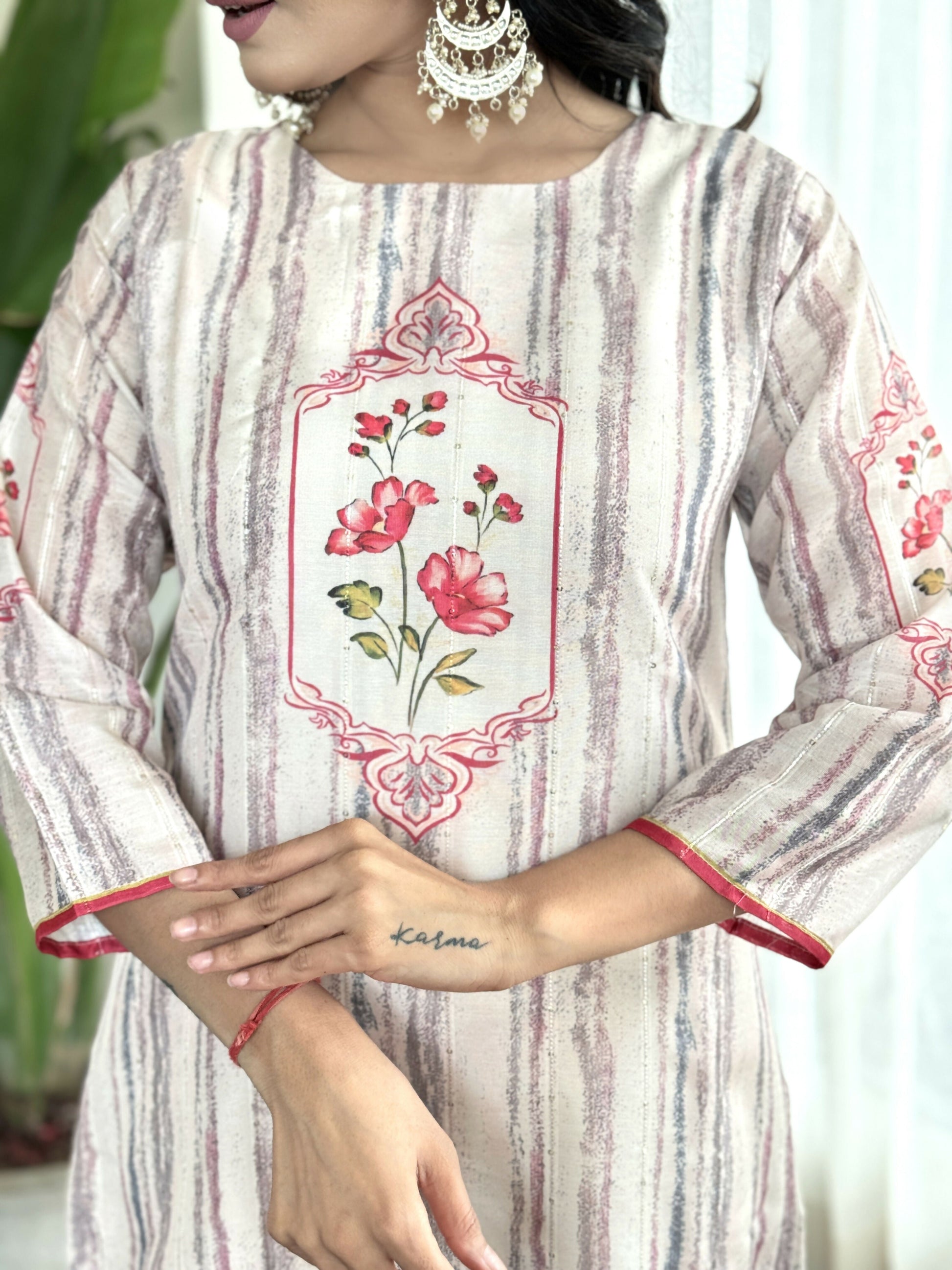White Multi Viscose Chanderi Stitched Suit With Dupatta - Tanisha | Swadesiicart