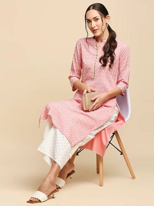 Anubhutee Peach-Coloured & White Khari Printed Straight Kurta - Swadesiicart