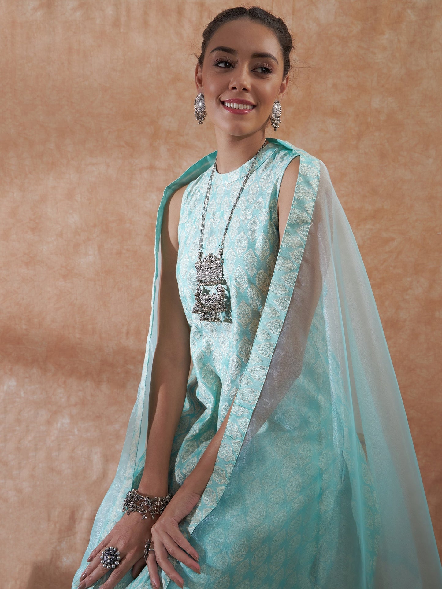 InWeave Women's Powder Blue Jacquard Halter Kurta Set W Powder Blue Or Dupatta - Swadesiicart