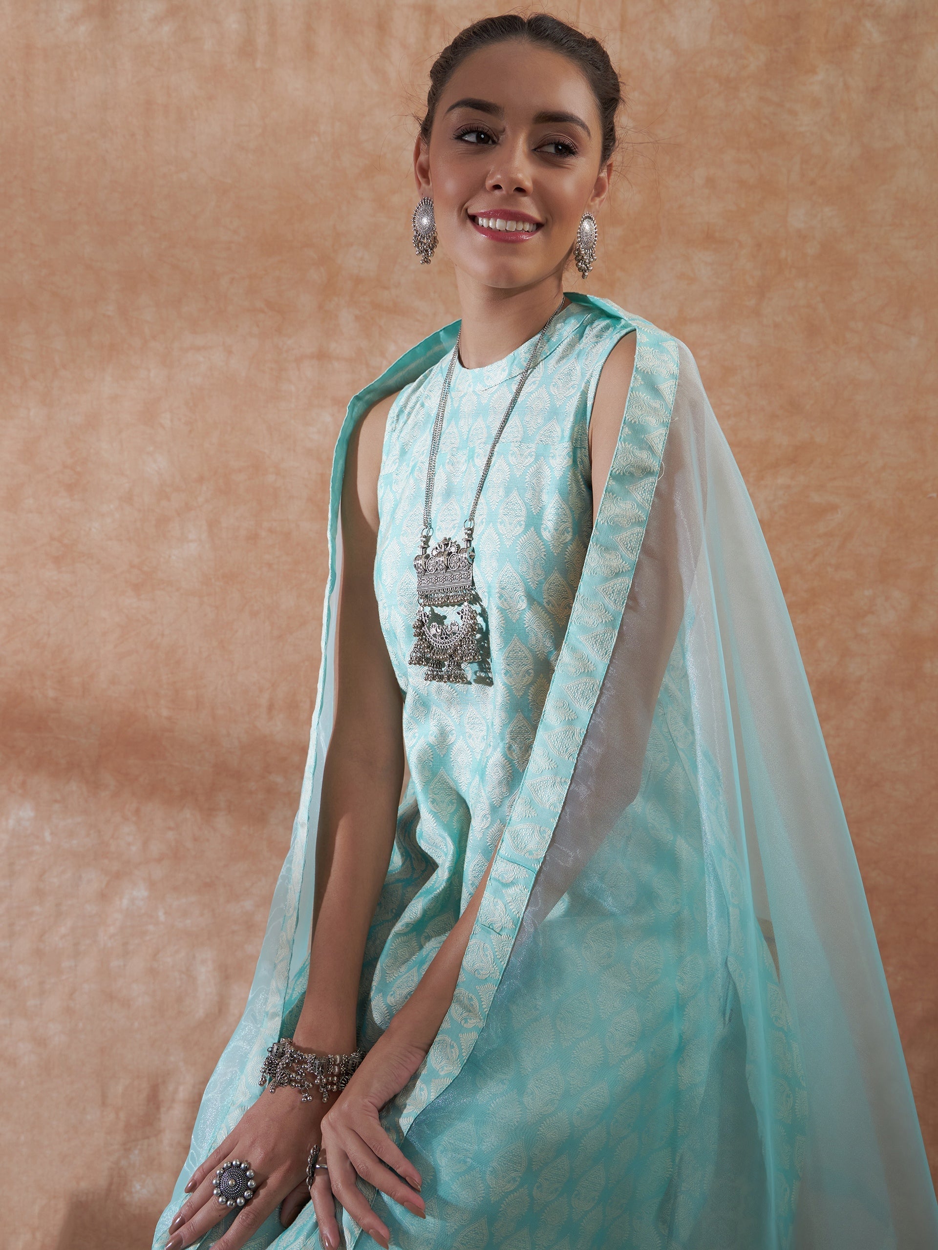 InWeave Women's Powder Blue Jacquard Halter Kurta Set W Powder Blue Or Dupatta - Swadesiicart