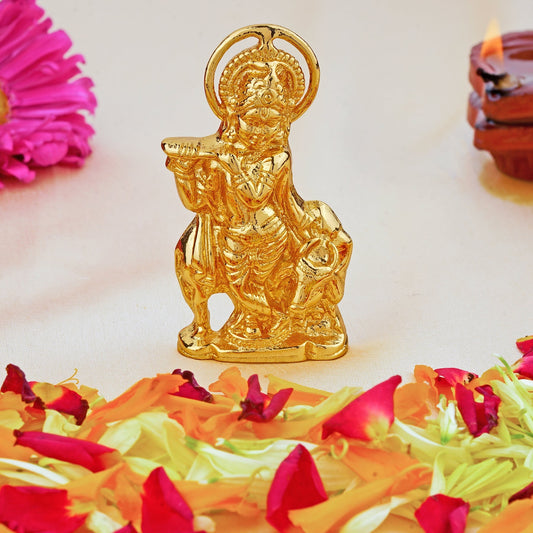 Estele Gold-Polished God of love Sri Krishna Idol with Kamdhenu for Home/Car decor - Swadesiicart