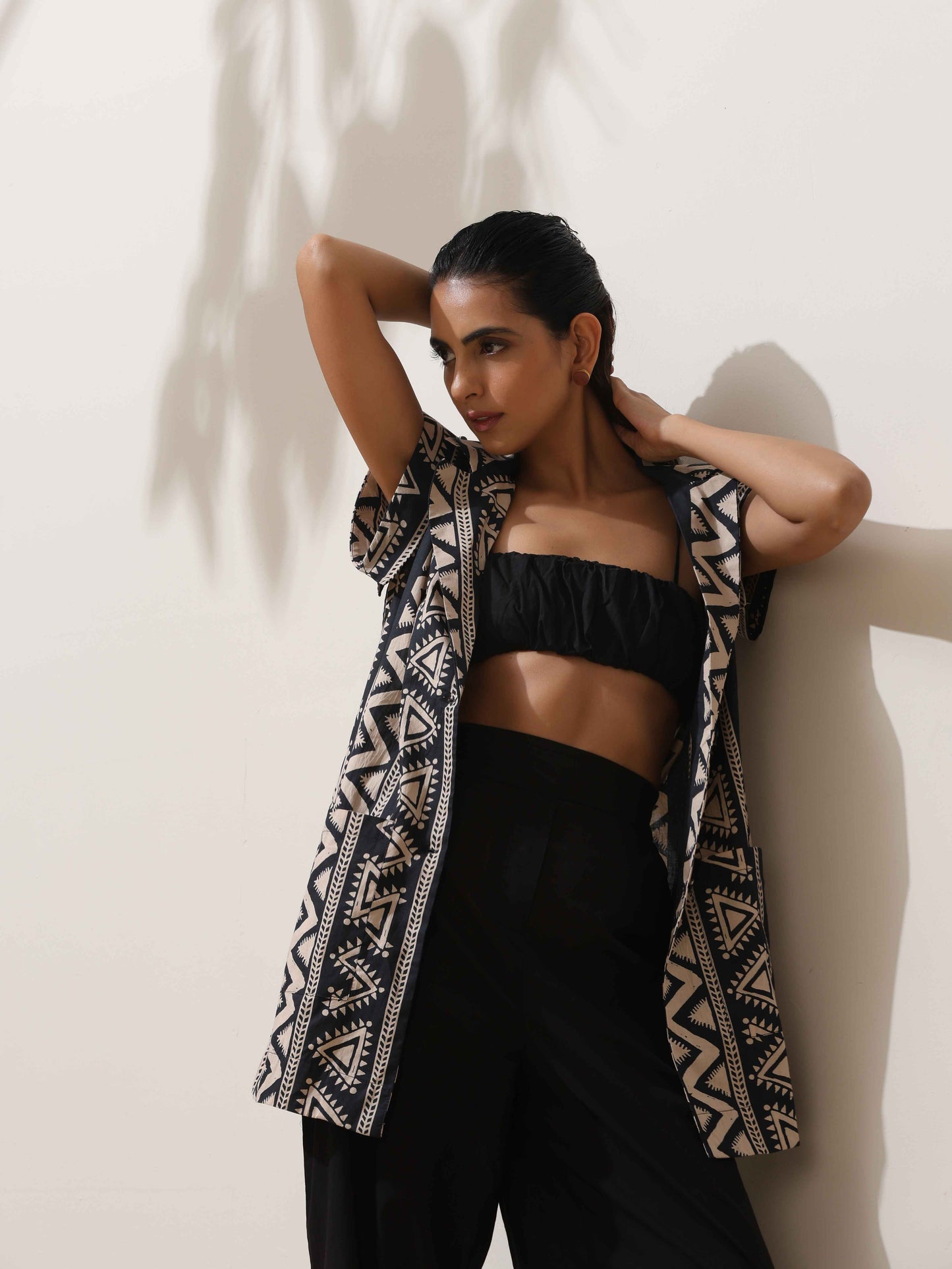 trueBrowns Beige Cotton Geometric Print Jacket Co-ord Set - Swadesiicart