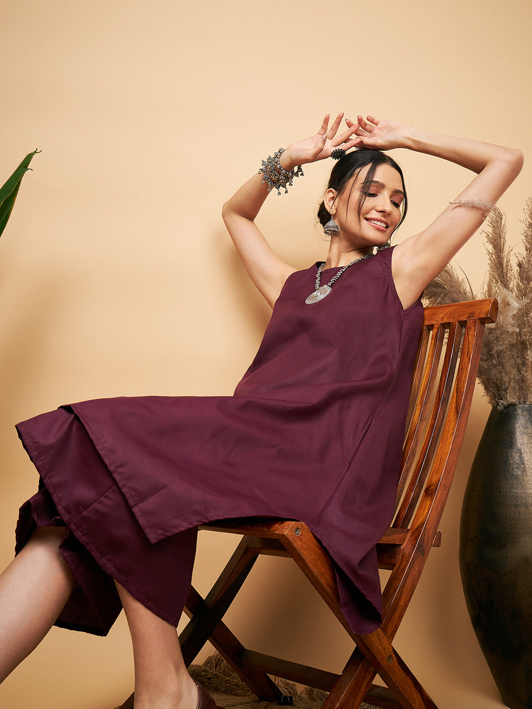 InWeave Women's Wine Solid Short Kurta Palazzo Set - Swadesiicart