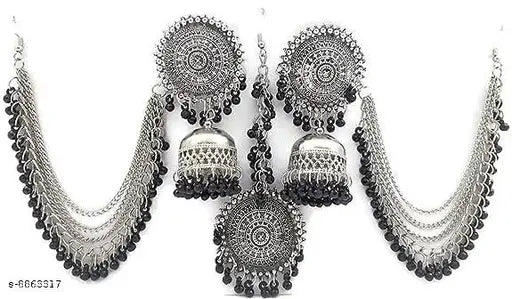Tehzeeb Creations Women's Silver And Black Colour Oxidised Earrings With Tikka | Swadesiicart